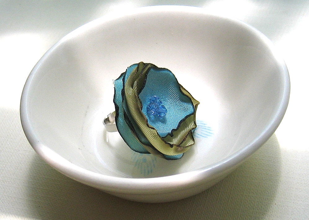 Forgotten Ballgown Fabric Flower Ring with Blue Crystals