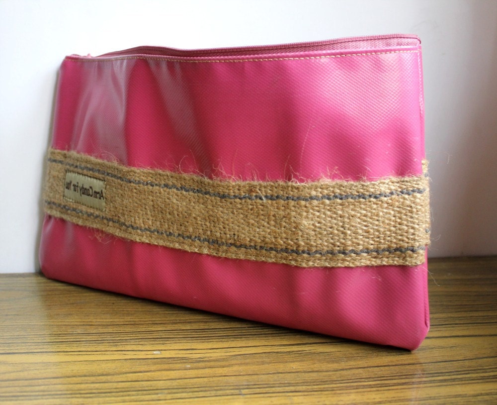 Clutch Bag in Honeysuckle Pink Vinyl with Burlap Zippered Waterproof
