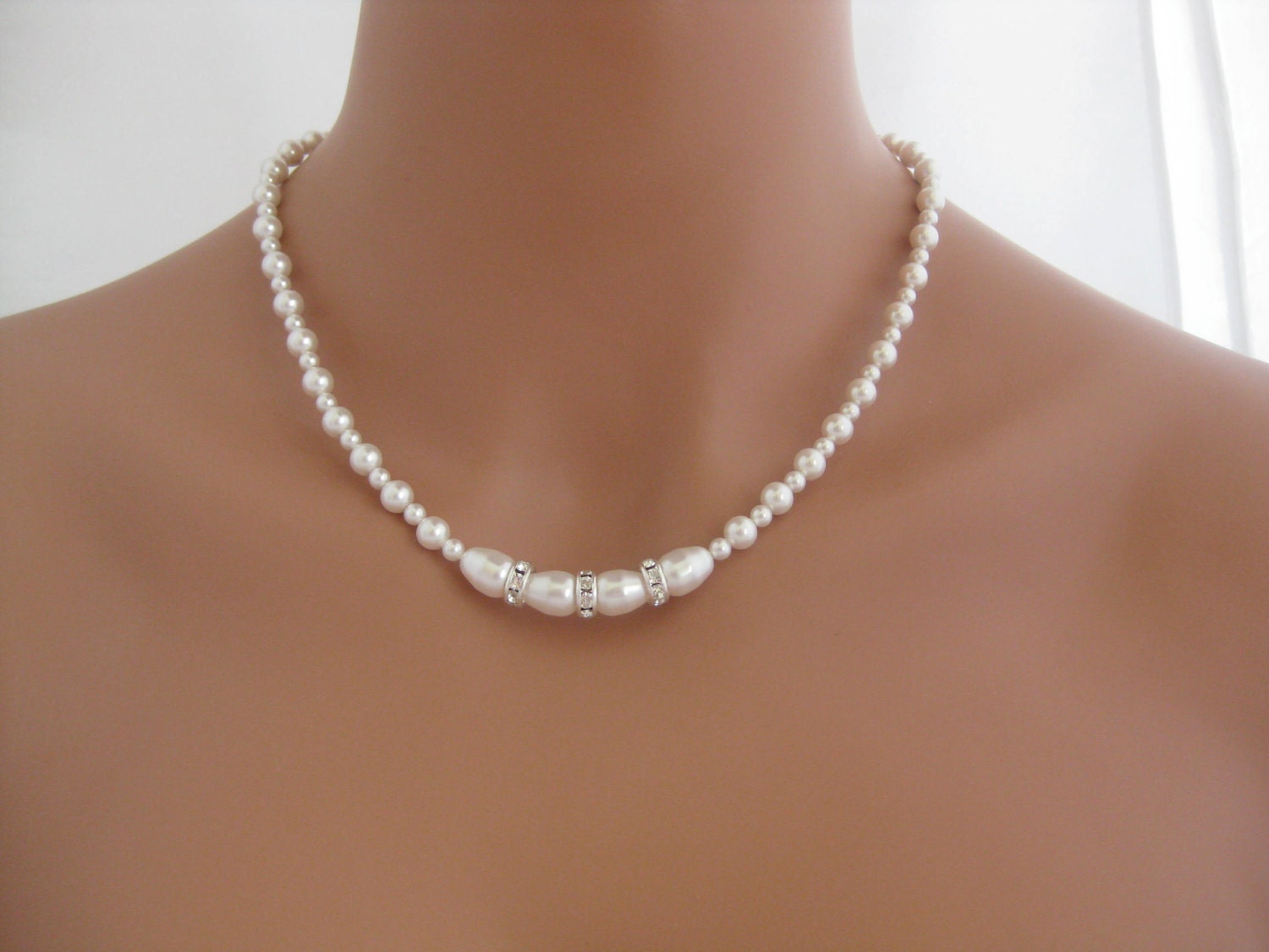 Bridal Necklace - Pearl Necklace - Rhinestones - Bridal Jewelry