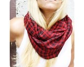 JACK - Circle Scarf.  Red and Black Plaid Eternity Scarf, Infinity Scarf, Loop Scarf, lumberjack, fall scarf.