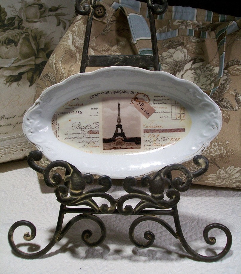 Beautiful Antique Vintage Ironstone Oval Scalloped Dish with OOAK Transfer design for your French shabby and chic, cottage decor