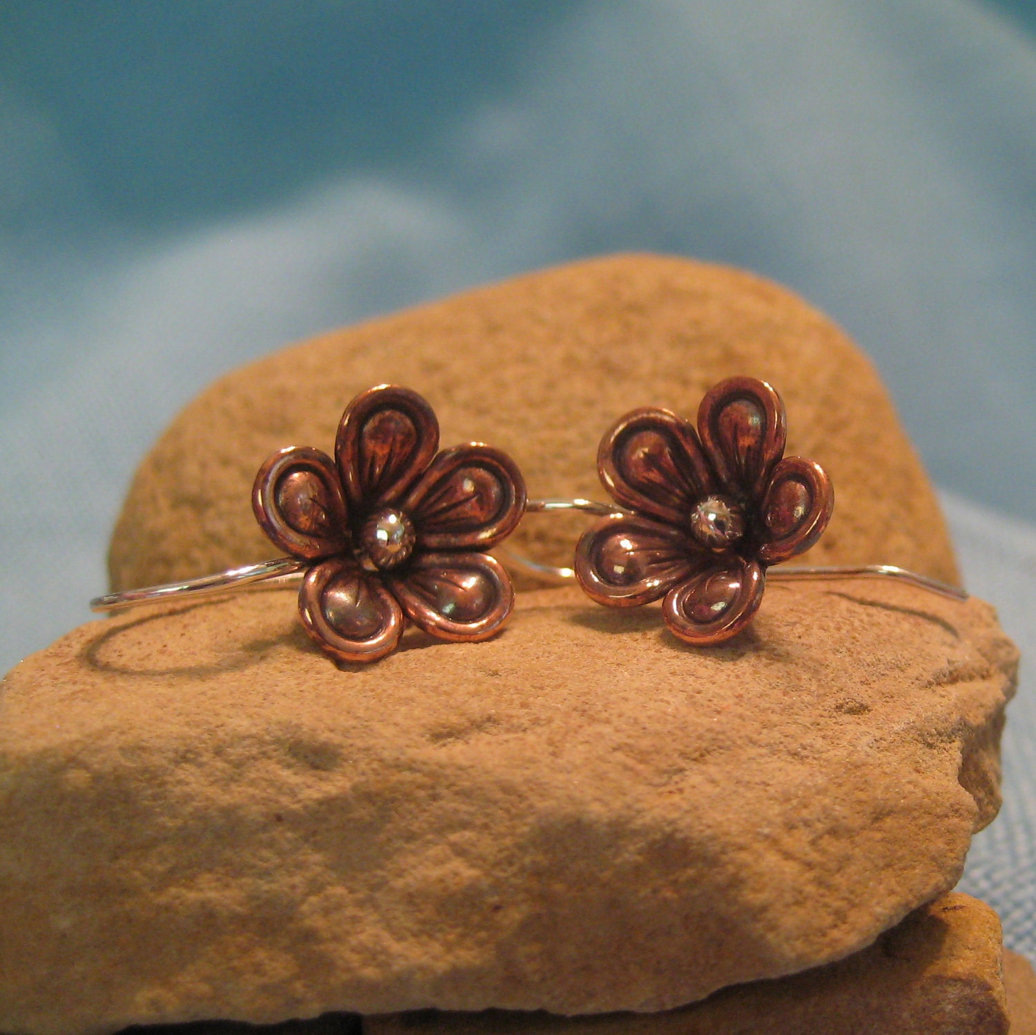 Copper Flower Earring Silver Mixed Metal Dangle Morning Glory Lily Earring Small Dainty Delicate Earring JJDLJewelryArt