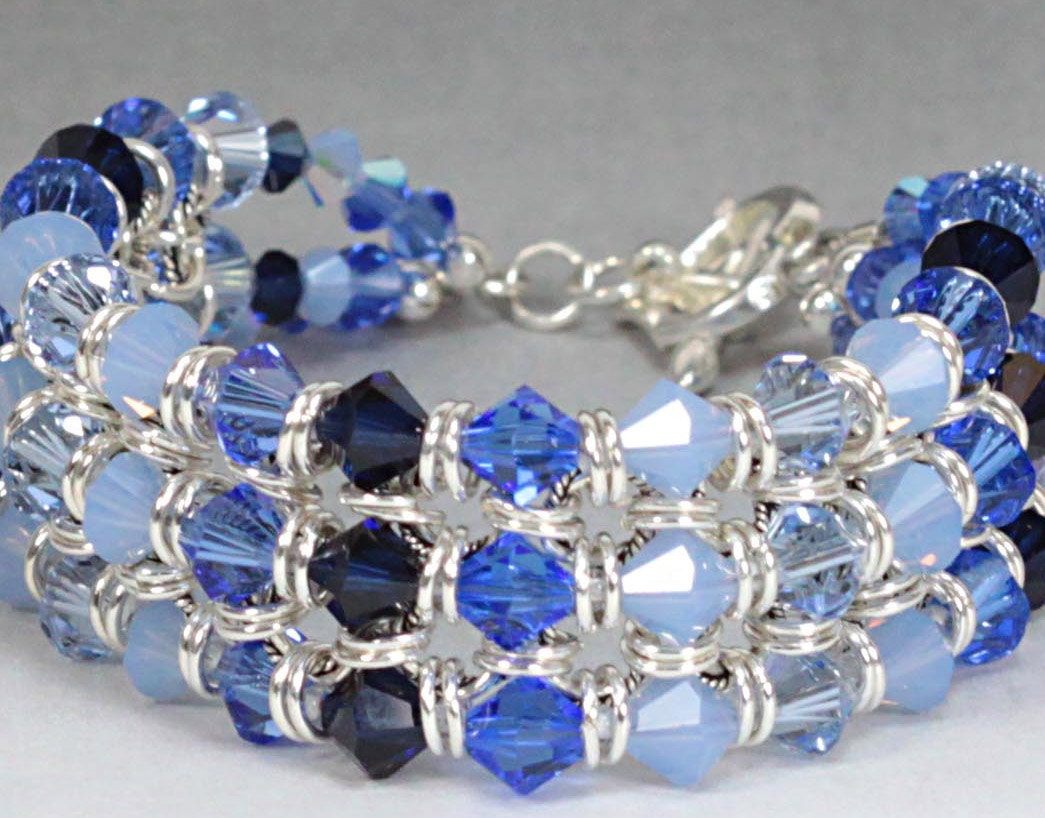 Bracelet - Swarovski Crystal and Sterling Silver Chainmaille - Blues - One Of A Kind