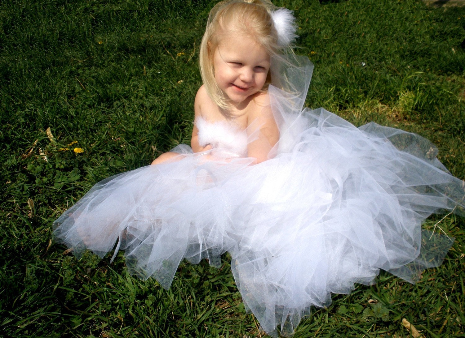 White Flower Girl Corset-back Top and Floor Length Tutu with Train- Wedding, Marabou, Photography
