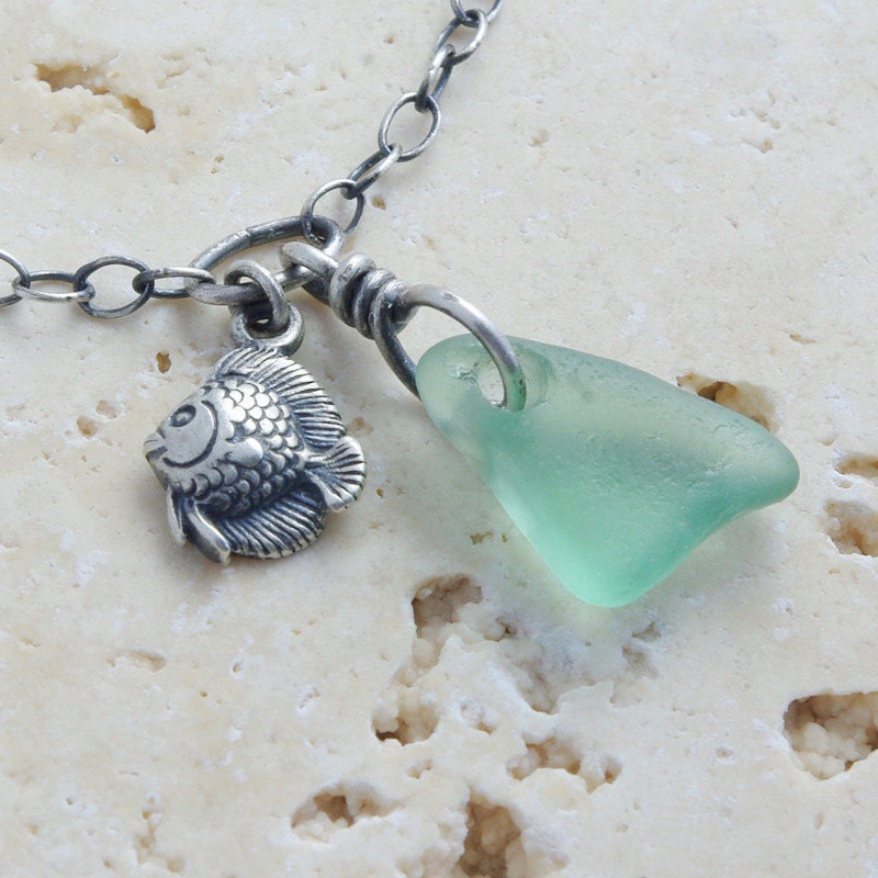 Sea Glass Anklet - Sterling Silver Jewelry - Light Teal Fish Charm