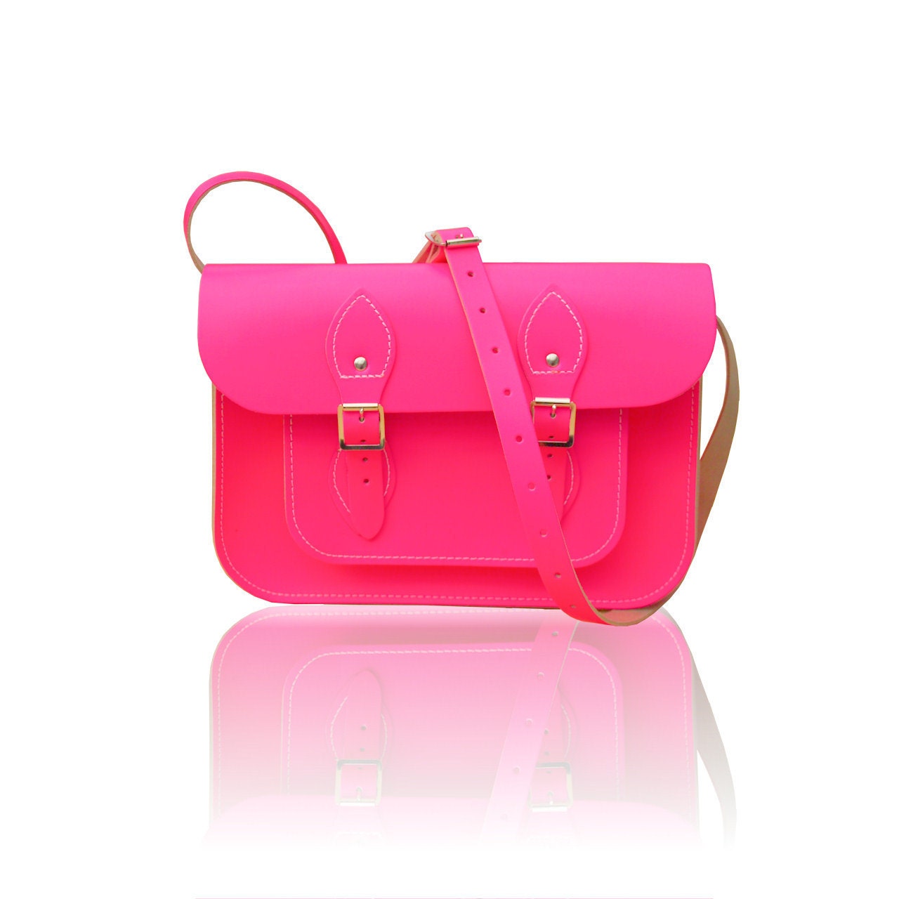 11-inch British Vintage Style Satchel hand-crafted from Neon Pink Leather