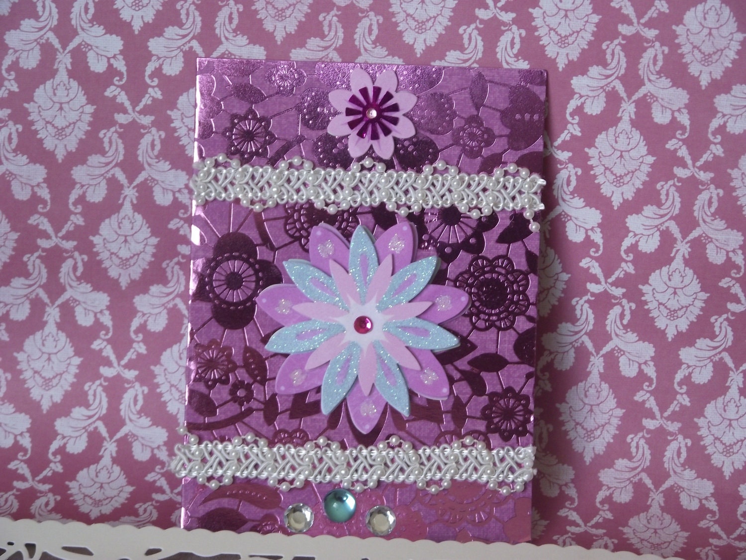 Handmade Dimentional  Flowers  And  Pearls  Folded  Card  With  Envelope