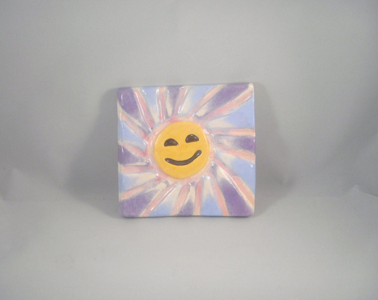 Pink Purple Blue Sun or Yellow Red Blue Sun Sunshine Rays Art Tile Ceramic Pottery Wall Decor