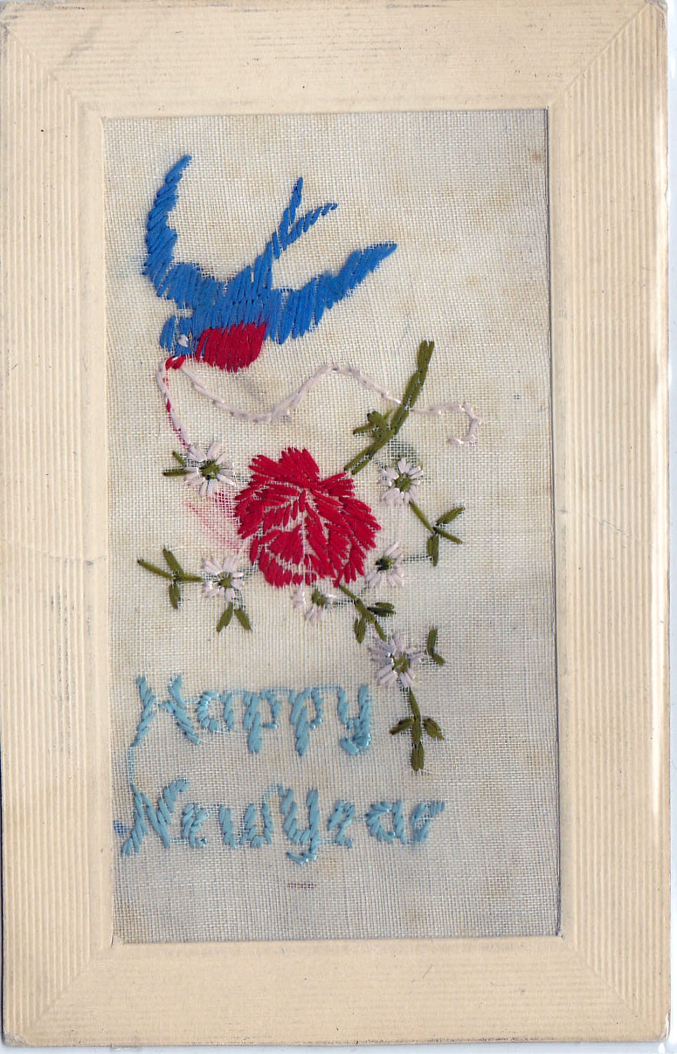 Vintage Silk Floral Embroidered  Happy New Year Postcard Early 1900's (fpc292)