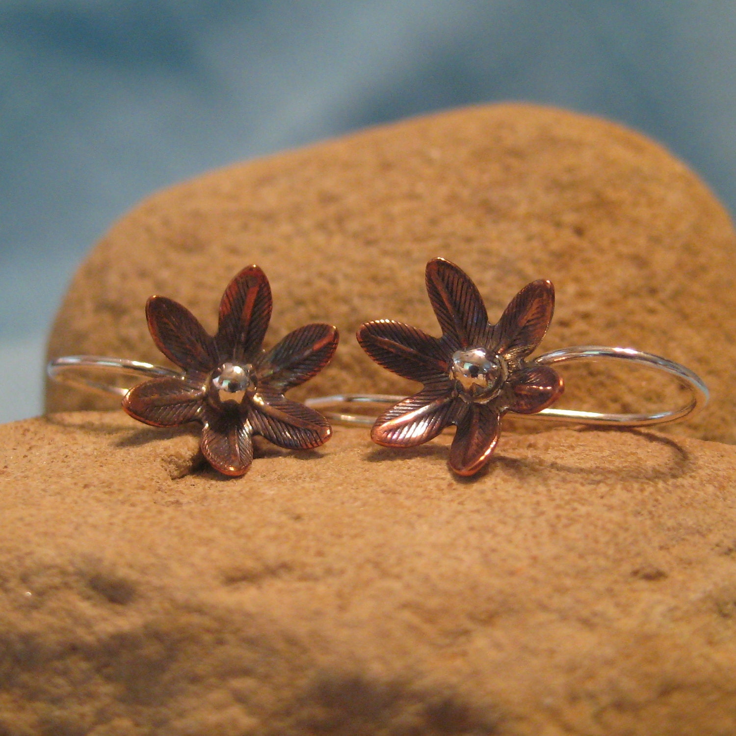 Copper flower Earring Silver Dangle Mixed Metal Autumn Verdigris Daisy Aster Small Tiny Dainty Delicate JJDLJewelryArt