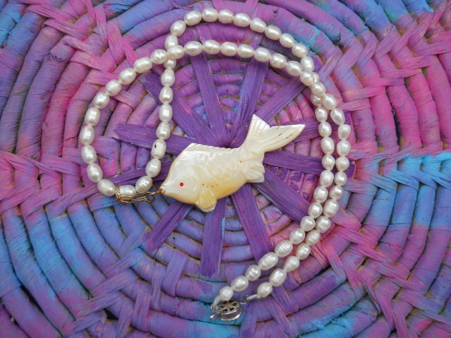 SALE MOP Mother of Pearl Vintage Large Fish Pendant  Free Shipping US and Canada