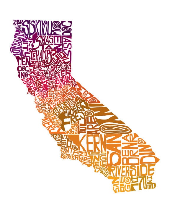 California In Autumn - typography map art print - customizable 8x10 - free shipping