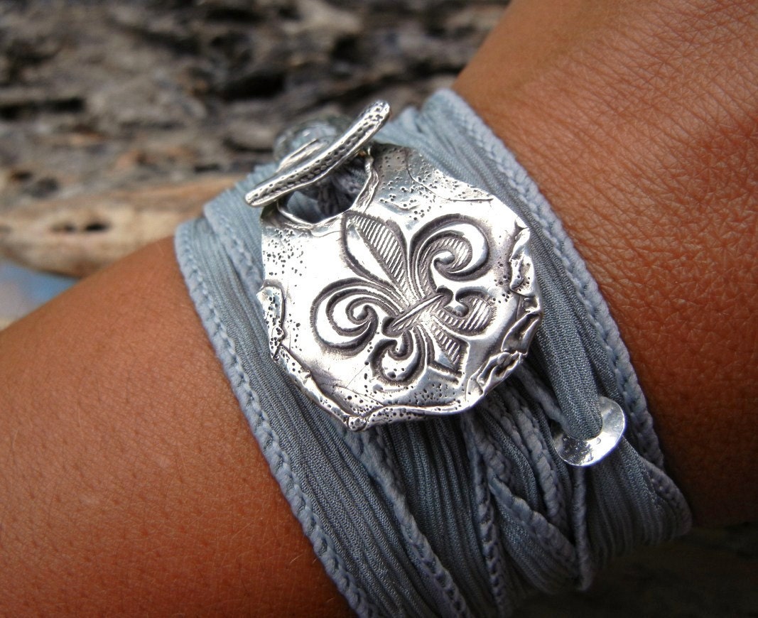 Rustic Jewelry, Silver Bracelet, Fleur de Lis Art, Silk Ribbon Adjustable Wrap Bracelet, Hand Stamped Silver Toggle, in Cloud Gray
