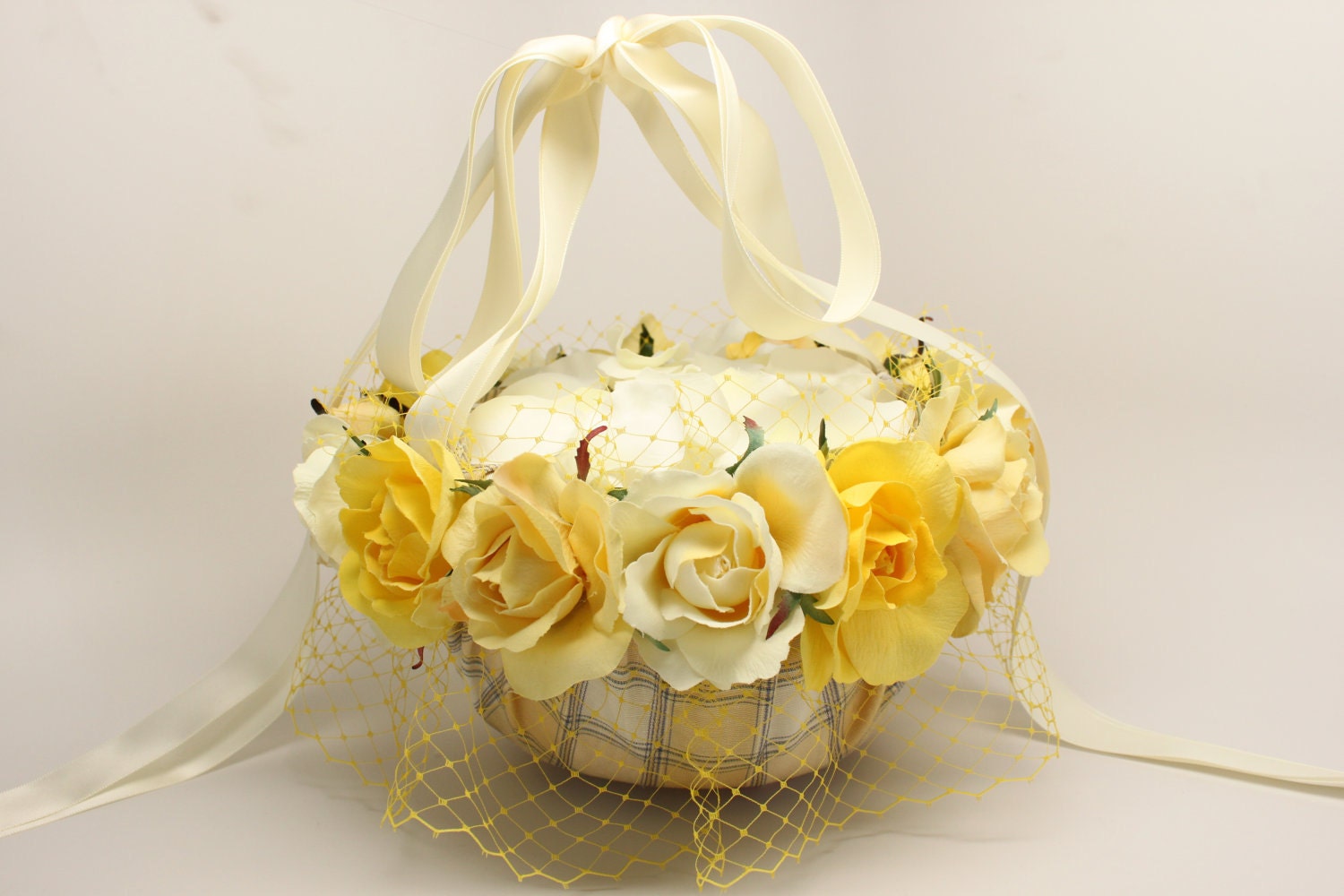 Country Chic White Soft Yellow Flower Girl Basket for weddings, anniversaries etc. - Stylishgivings