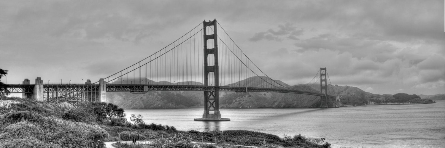 The Golden Gate Bridge in Black and White, San Francisco, CA - Panoramic - 12x36 Fine Art Print