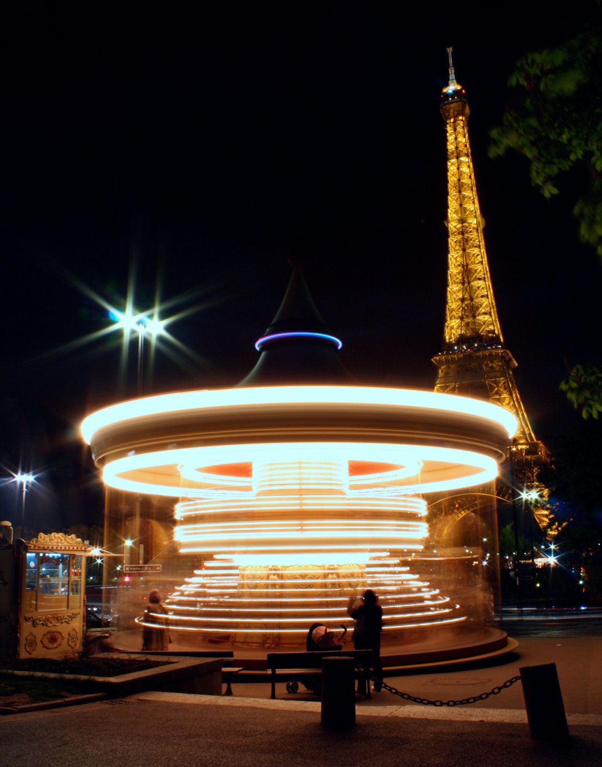 The Merry Go Round at the Eiffel Tower Park lit up at night, Paris France - 11x14 Fine Art Print