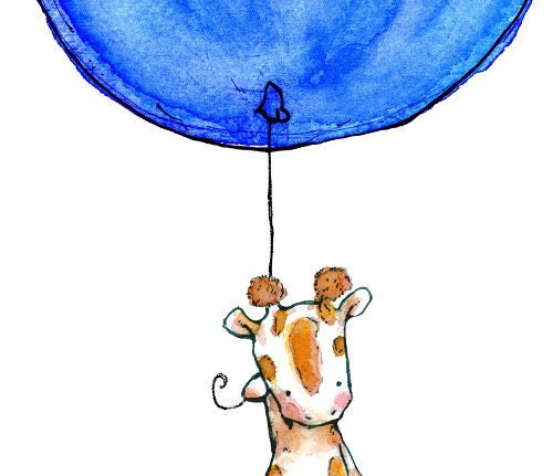 SOARING a baby giraffe and a blue balloon  8x10 Nursery Art Print for Children