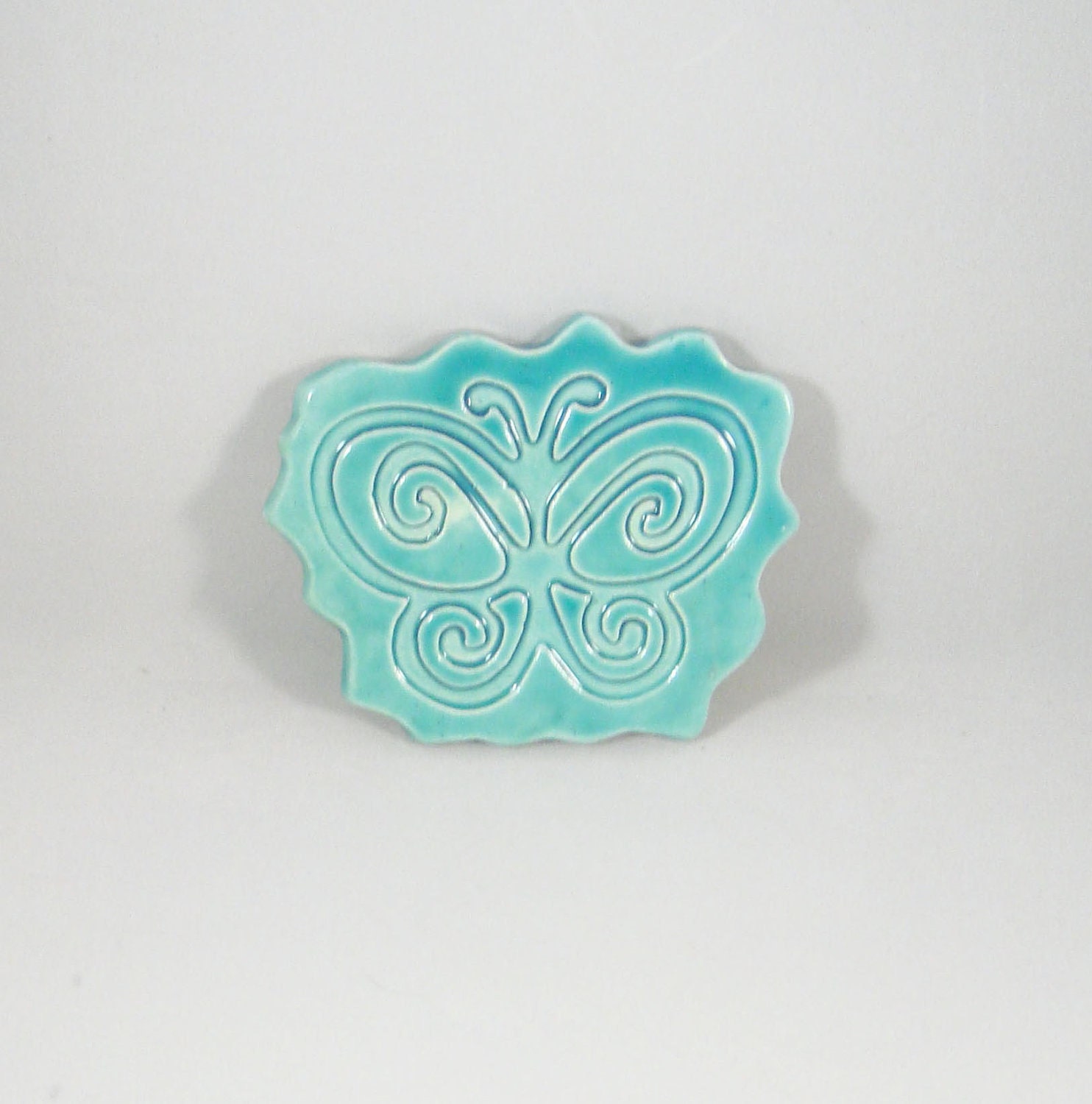 Two Turquoise Glazed Butterfly Art Tiles Ceramic Pottery Wall Home Decor