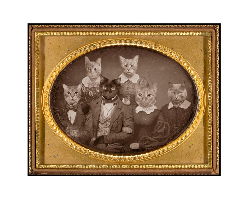 SET OF 4 -Cat Family Portrait - Altered Daguerreotype Greeting Card Blank Inside - Under 25