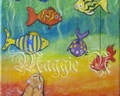 Ginger Cat with Fish - Party Pinatas - Original Mixed Media Art - 8 x 10 Inch Canvas