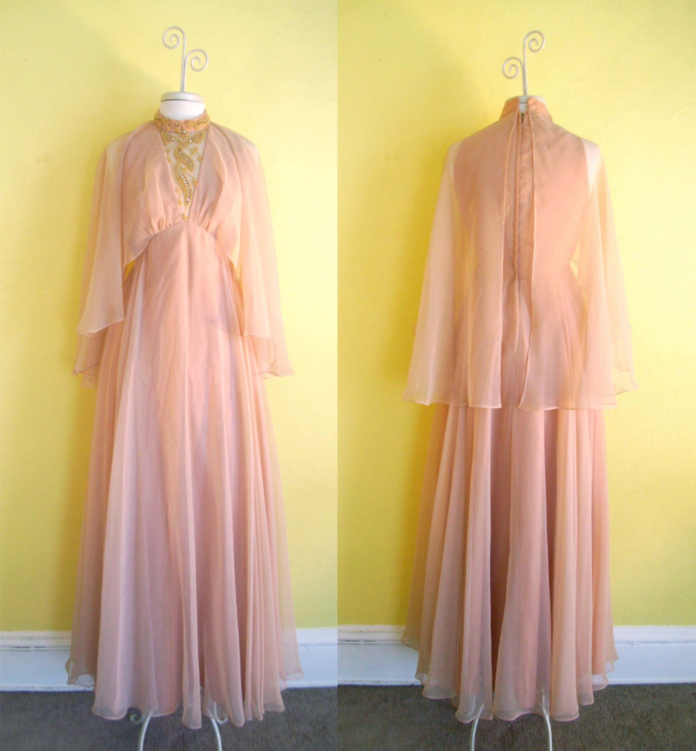 1970s Flowy Chiffon Goddess Gown by Dan Lee with Beading Size 8 Vintage