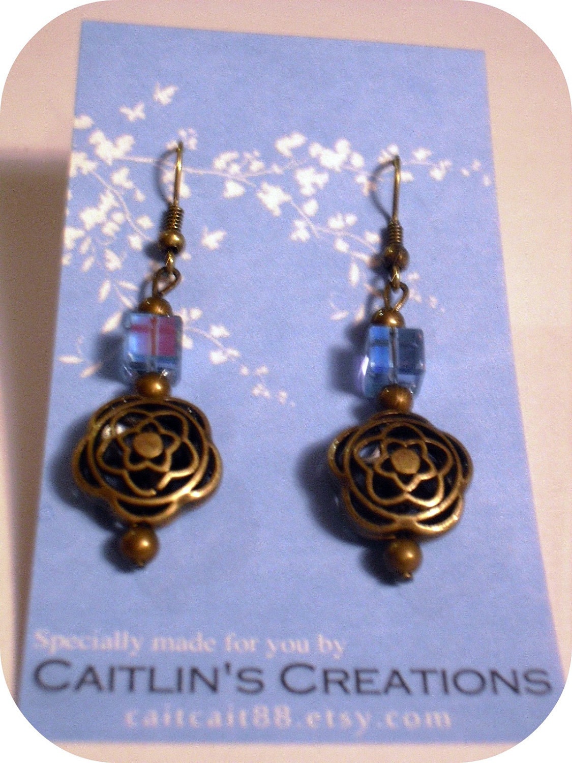 Antique Brass and Pale Blue Dangle Earrings