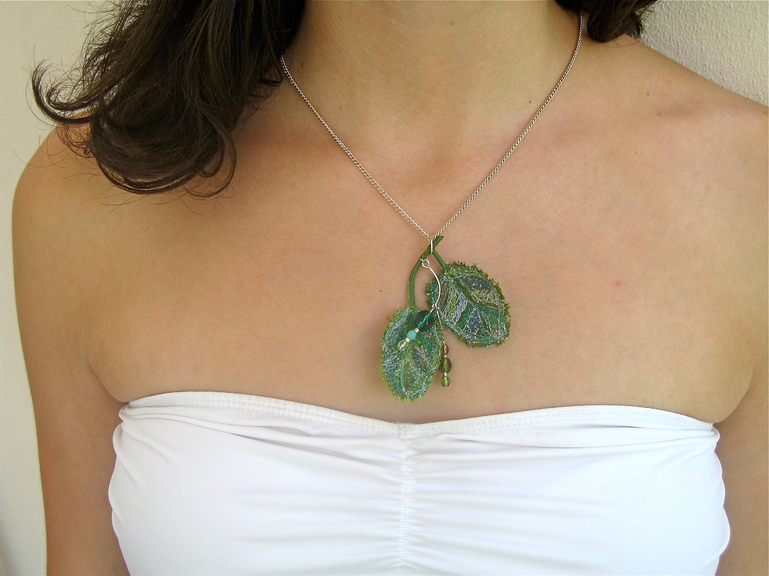 Leaf pendant - green beads embroidery handmade - plastic and textile woodland jewelry - ooak fall necklace - tree plant nature - unique gift