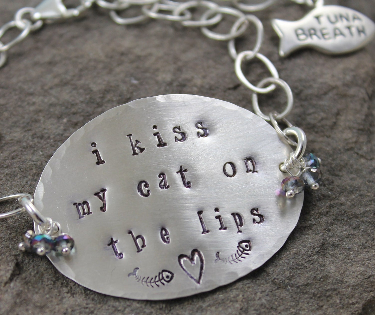 I Kiss My Cat On The Lips Charm Bracelet- Sterling Silver, Mystic Blue Topaz
