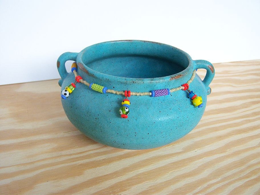 Stoneware Turquoise Pot with Beaded Beads
