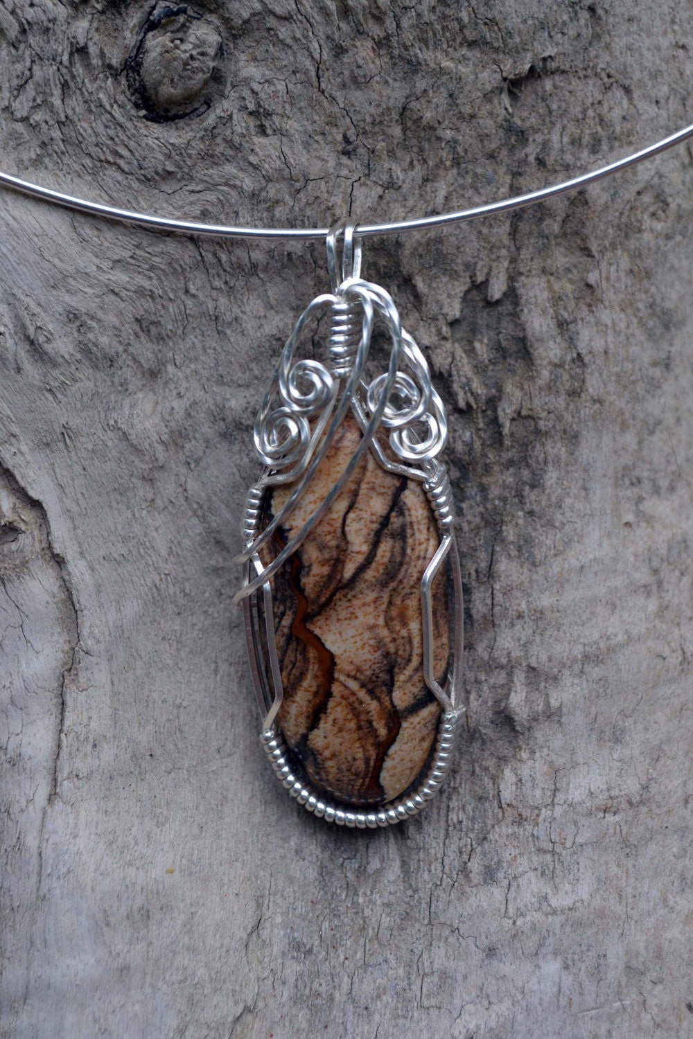 Picture Jasper Pendant Wire Wrapped in Sterling Silver