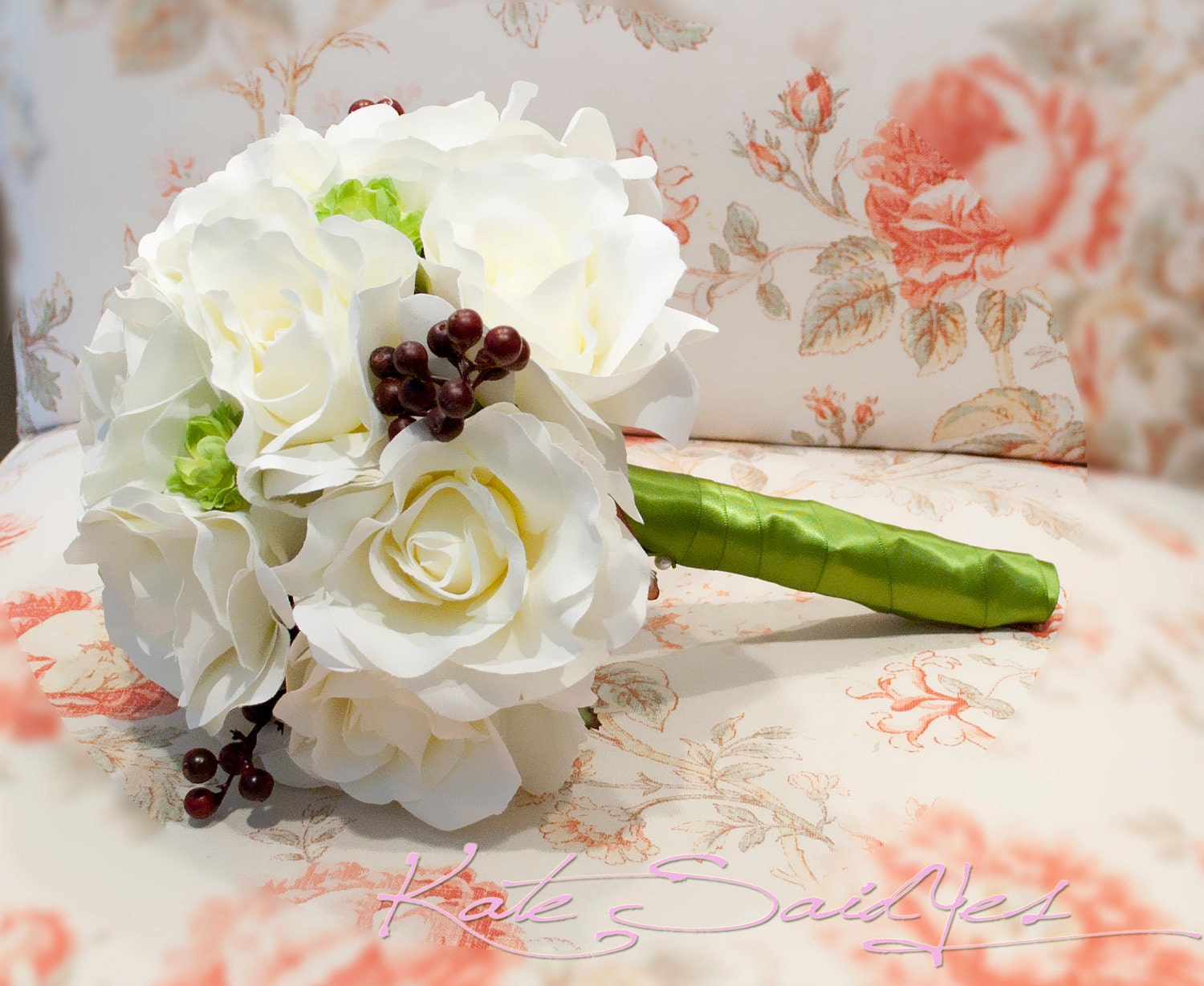 Silk Bridal Bouquet - Ivory Rose  with Green Hops and Berry Accents Rustic Wedding Bouquet