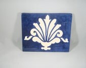 Navy Blue and White Raised Stencil Ceramic Pottery Art Tile