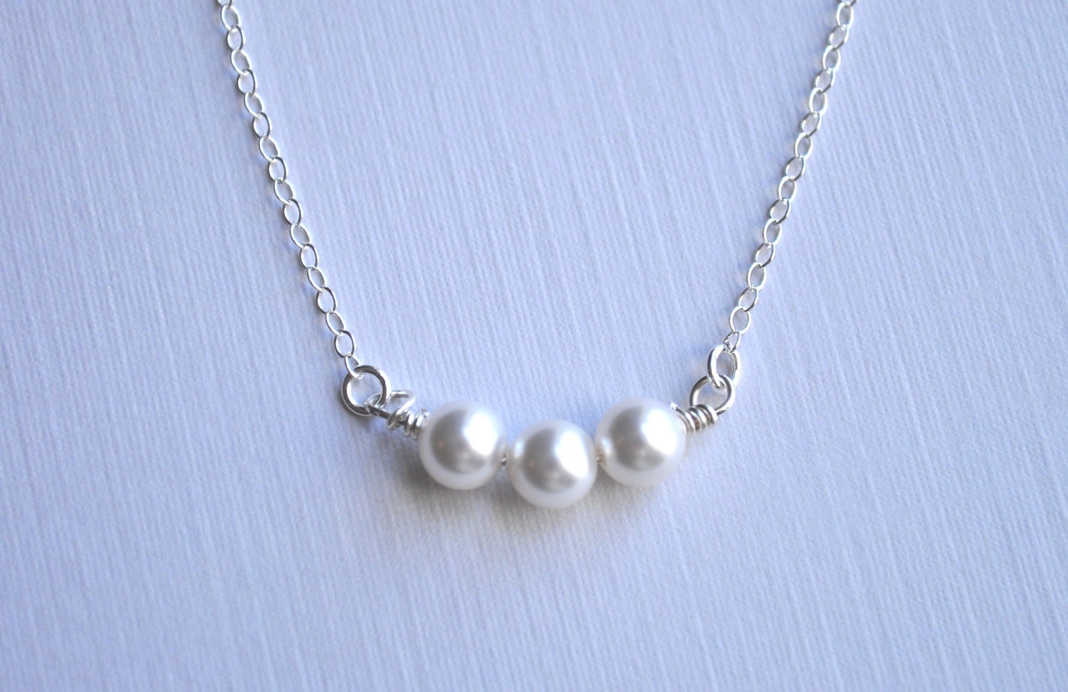 Three Little Pearls - delicate white pearl & sterling silver necklace - simple bridal or everyday jewelry - adencreations