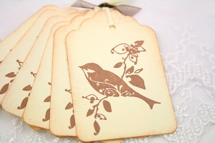 Bird Gift Tags Favor Tags Vintage Stamped Bird on a Leafy Branch