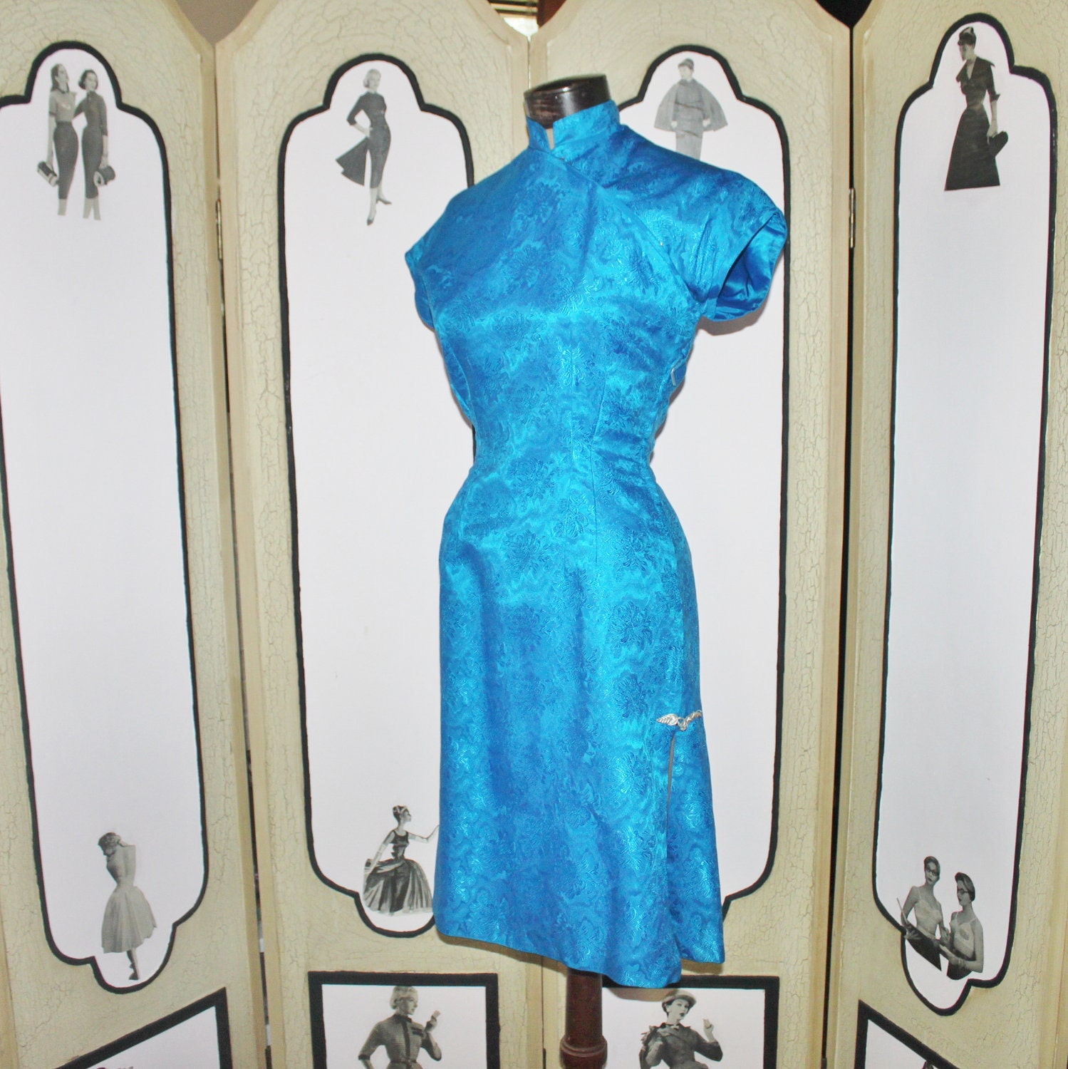 Vintage 1950s 1960s Aqua Chiongsam Style Cocktail Dress. Small.