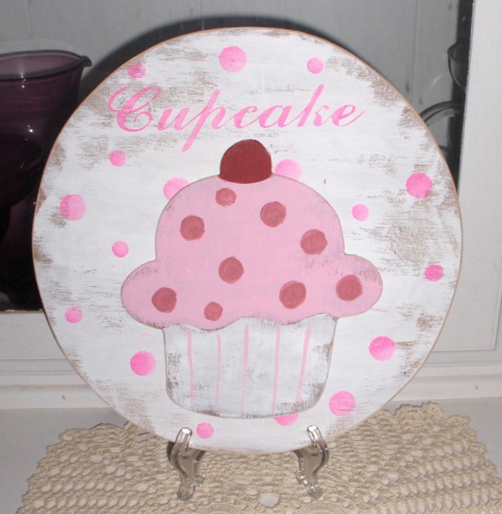 Cupcake Shabby Cottage White Round Distressed Wood Kitchen Bakery/Pastry Shop Sign Custom Sign