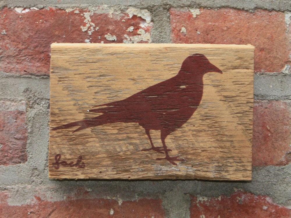 Maroon bird Reclaimed barn wood screen printed wall hanging