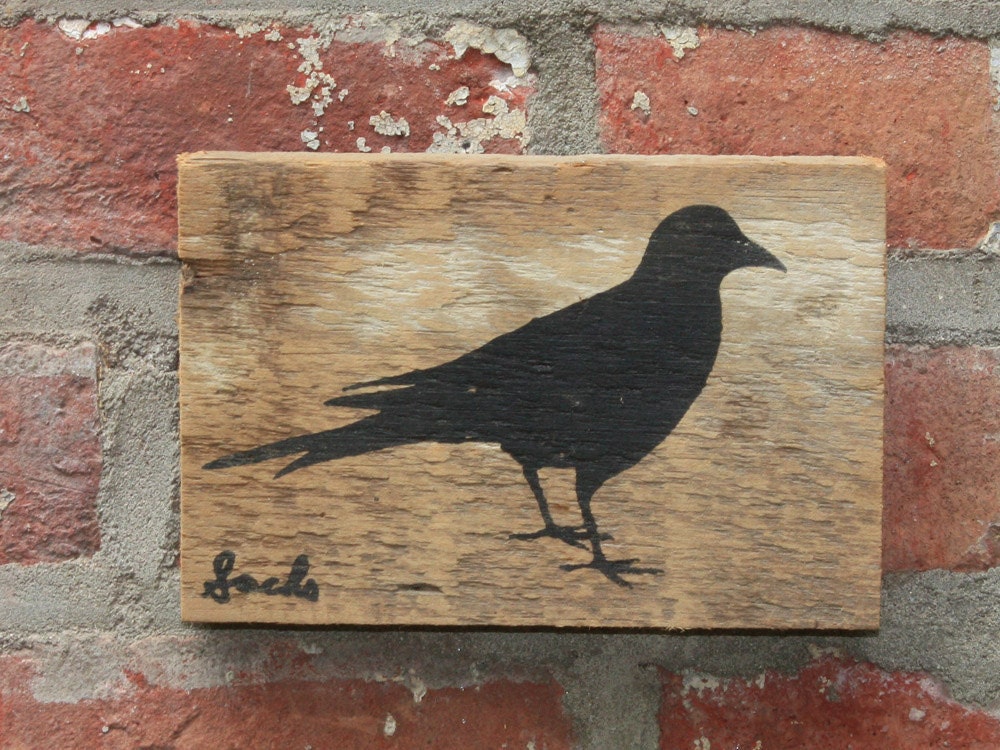 Black bird Reclaimed barn wood screen printed wall hanging