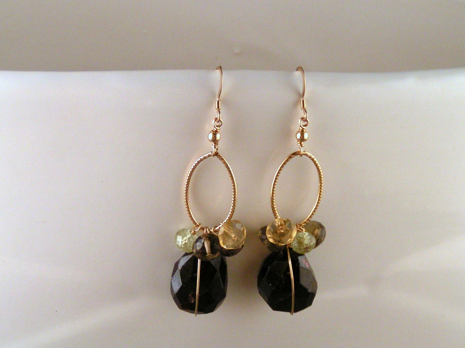 Wrapped Garnet, Smoky Quartz, Citrine & Prehnite Earrings