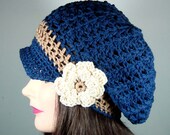 Navy Blue Newsboy Beanie Hat with Camel Band, Cream Flower