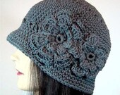 Cloche Hat in Slate Gray with 2 Crocheted Flowers
