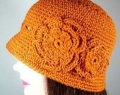 Organic Cotton Cloche Hat with 2 Flowers in Sweet Potato