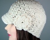 Cream Visor Beanie Hat, Textured Fitted Beanie