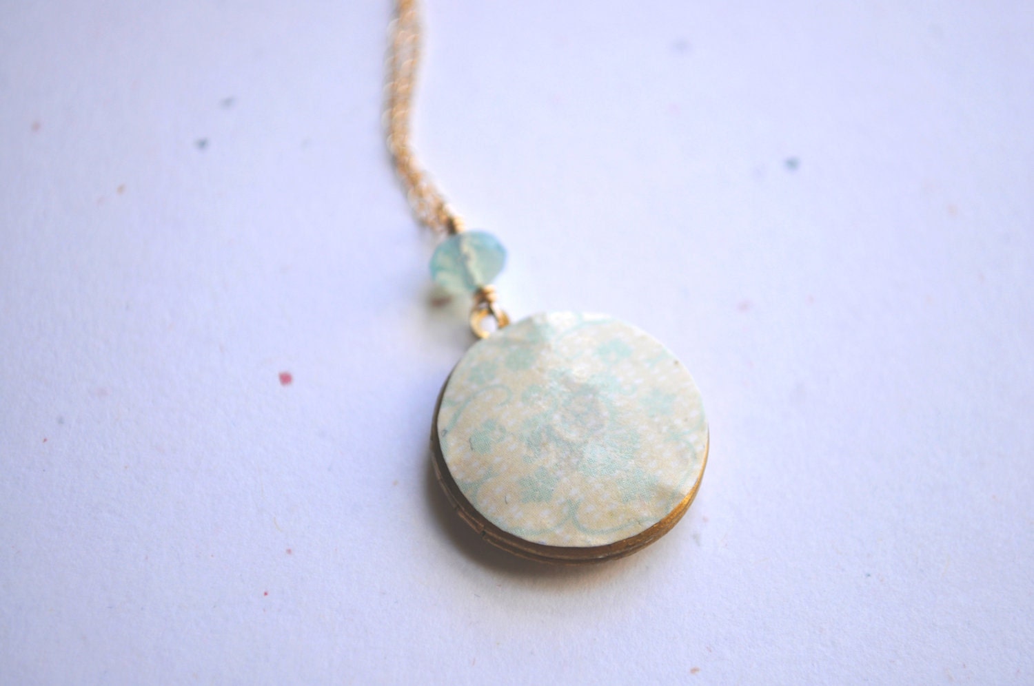 Sale - Old Romance Necklace - long round locket, aqua blue, off white, & gold - simple modern jewelry - adencreations