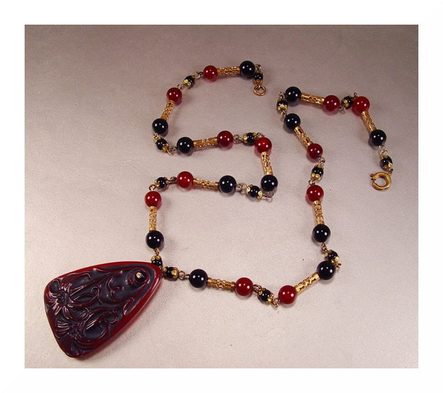 Art Deco Czech Gold Gilt Filigree Necklace Carnelian & Onyx Glass Lilies Vintage 1920s Jewelry