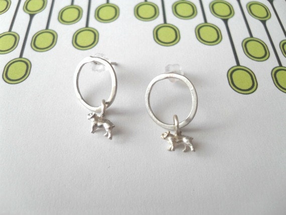 Sterling Silver Earrings -Tiny Dogs Jumping through Hoops - Minimalistic.