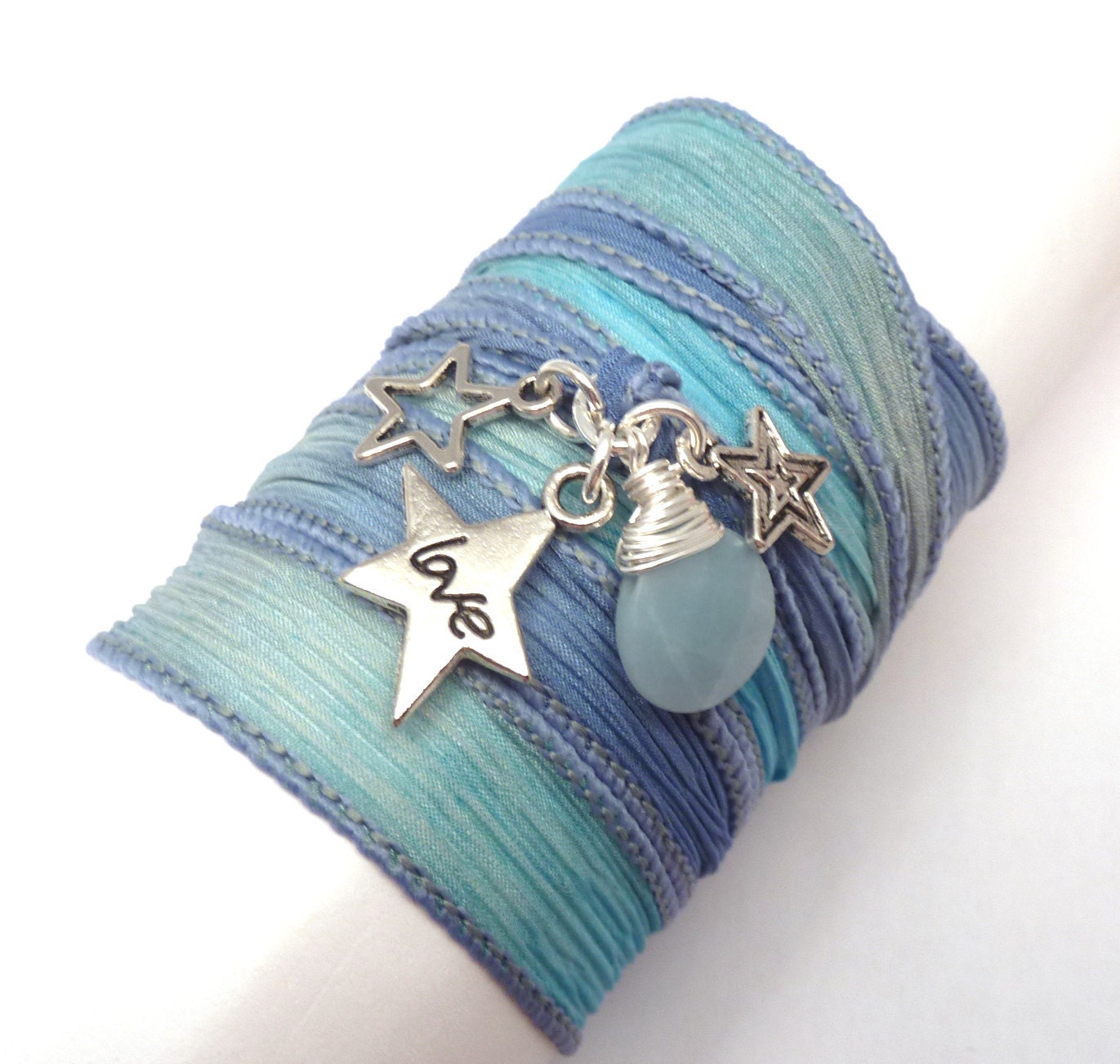 Silk Ribbon Wrap Bracelet with Star Charms, wrapped wrapping bracelet, wrap around,wrist wrap
