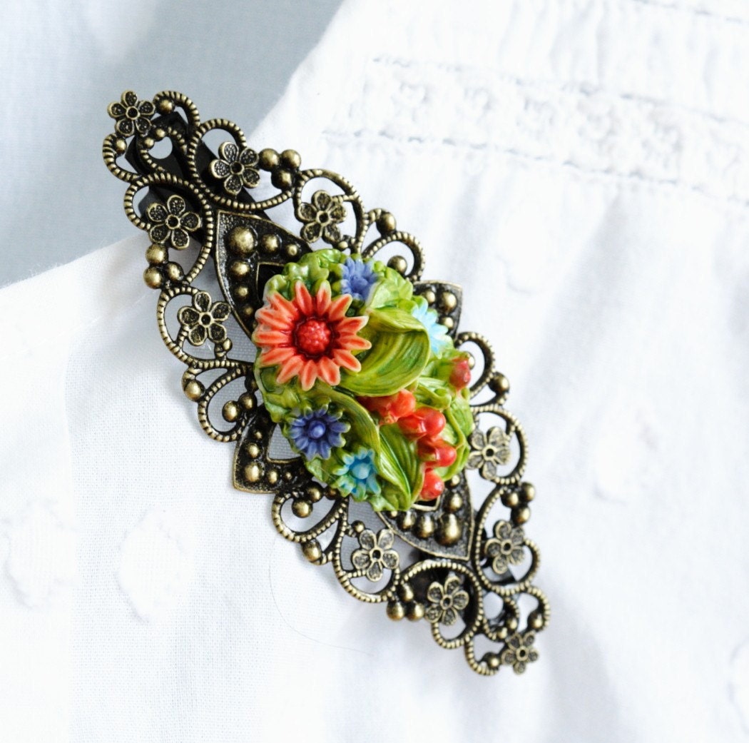 Whimsical Hair Barrette in Antique Brass Filigree With Spring Flowers