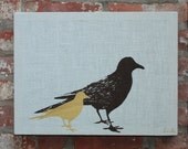 Light Blue Stretched Linen Birds Wall Hanging - Brown/Gold