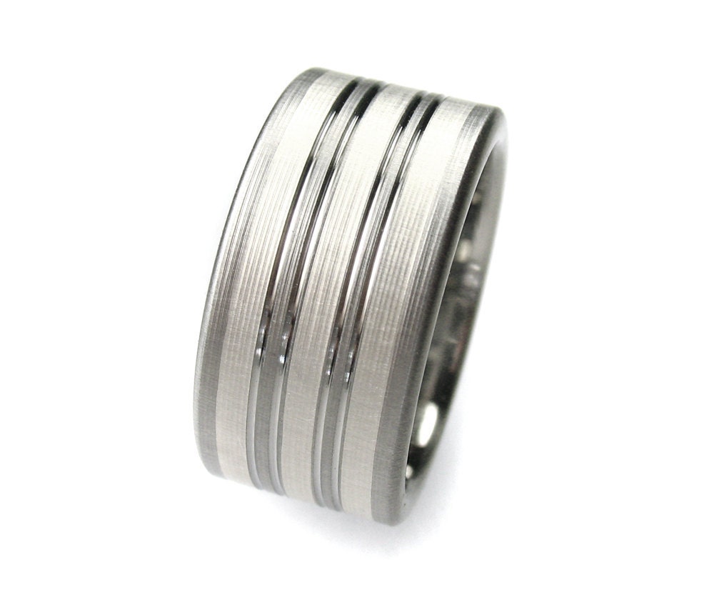 Men's Wedding Band Titanium Silver Stripes